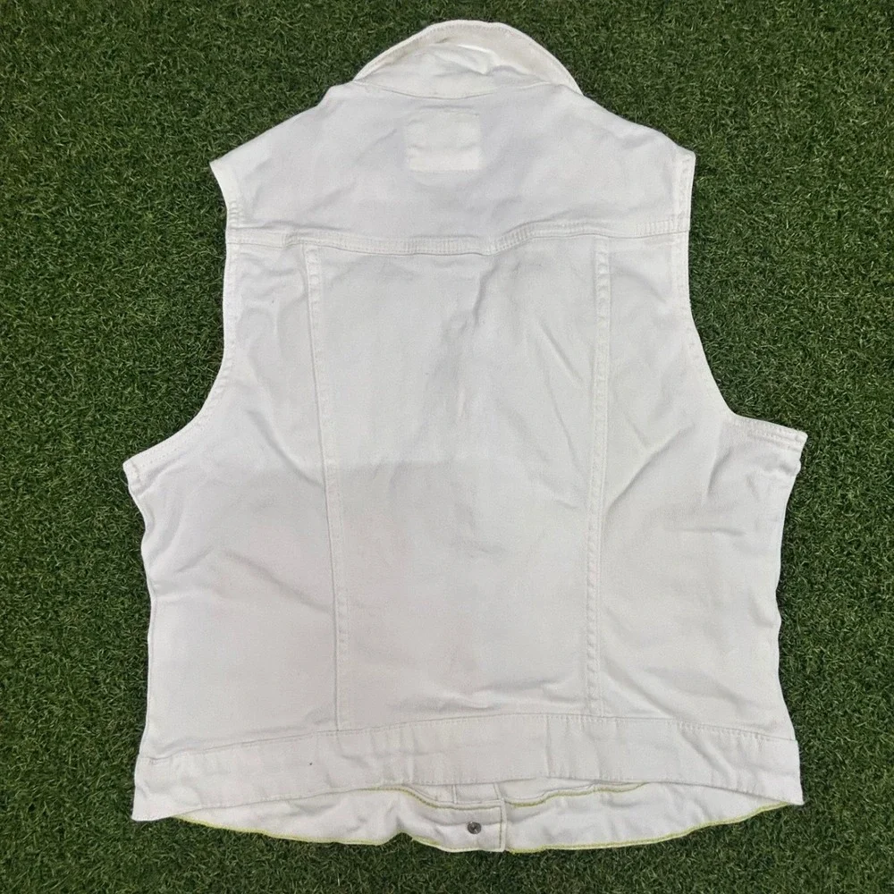 OVS White Denim Vest Studded Shoulder Sleeveless Button Front Jacket Large